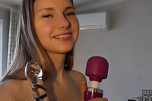 hot blonde spinner with braces ieva loves the glass dildo and hitachi to real female orgasm