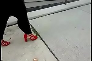 BBW Latina Milf walking with big  thick shapely legs  in leggings and heels (red)