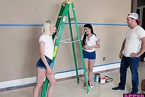 Three horny chicks pays with teen pussies for paint job