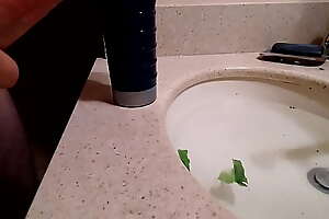Jerking Lubed Cock With Hand and Fleshlight in Bathroom